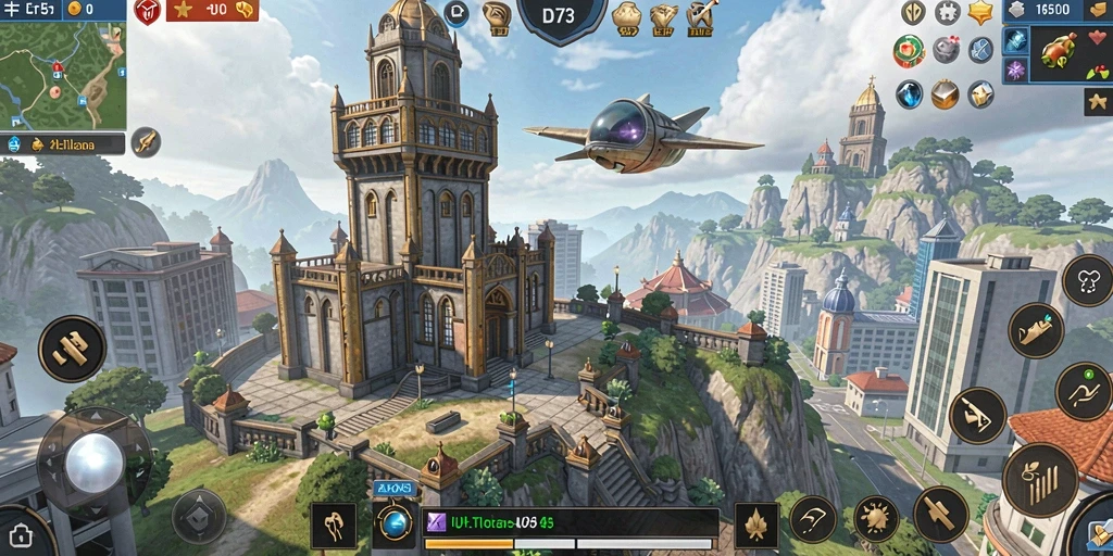 Screenshot gameplay D73 menampilkan aksi menara melawan musuh.