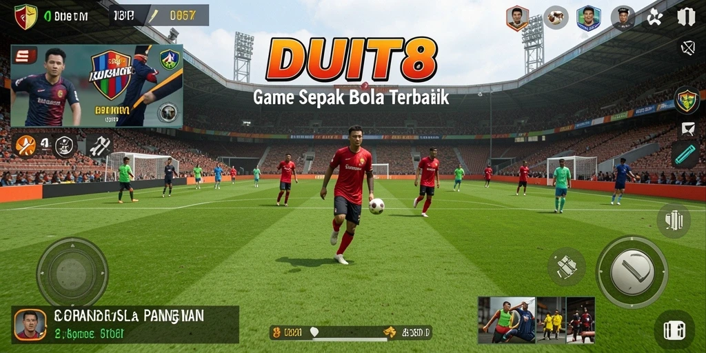 Tampilan gameplay <strong>DUIT8</strong> menampilkan aksi sepak bola yang mendebarkan dan intens.