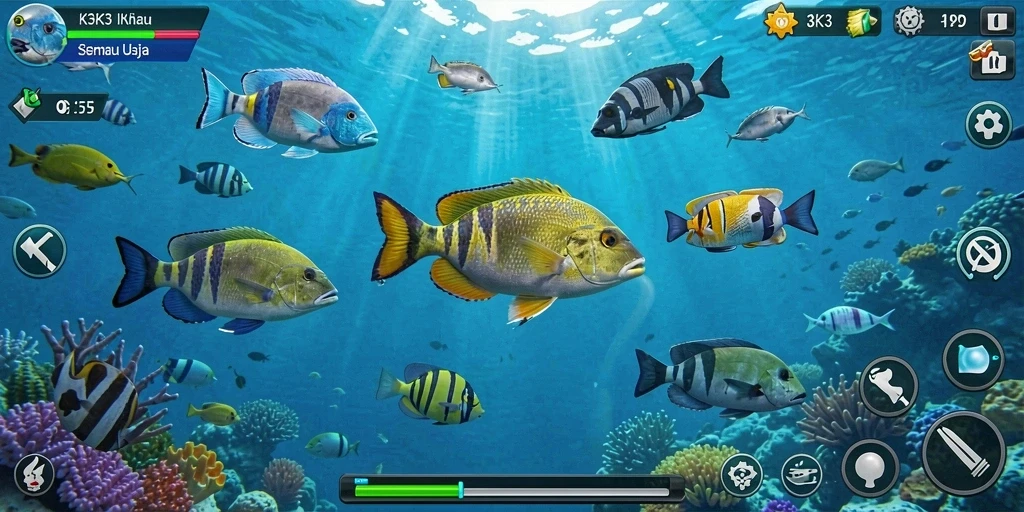 Tampilan gameplay K3K3 yang menakjubkan saat menangkap ikan.