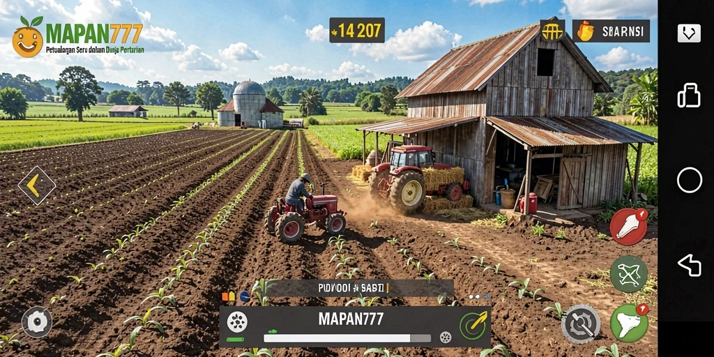 Screenshot utama MAPAN777 menunjukkan gameplay seru bertani dengan tanaman yang subur.