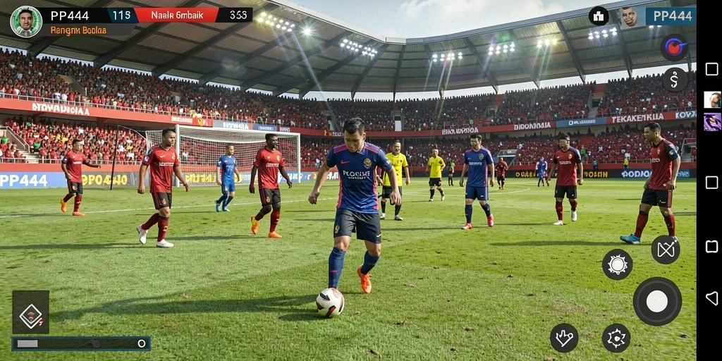Screenshot utama PP444 menunjukkan aksi intens di lapangan sepak bola.
